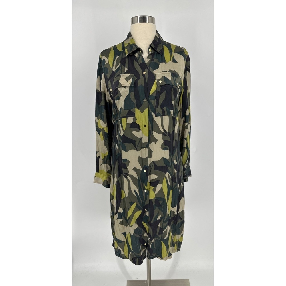 Chicos Tropical Abstract Print Long Sleeve Button Down Silk Maxi Dress